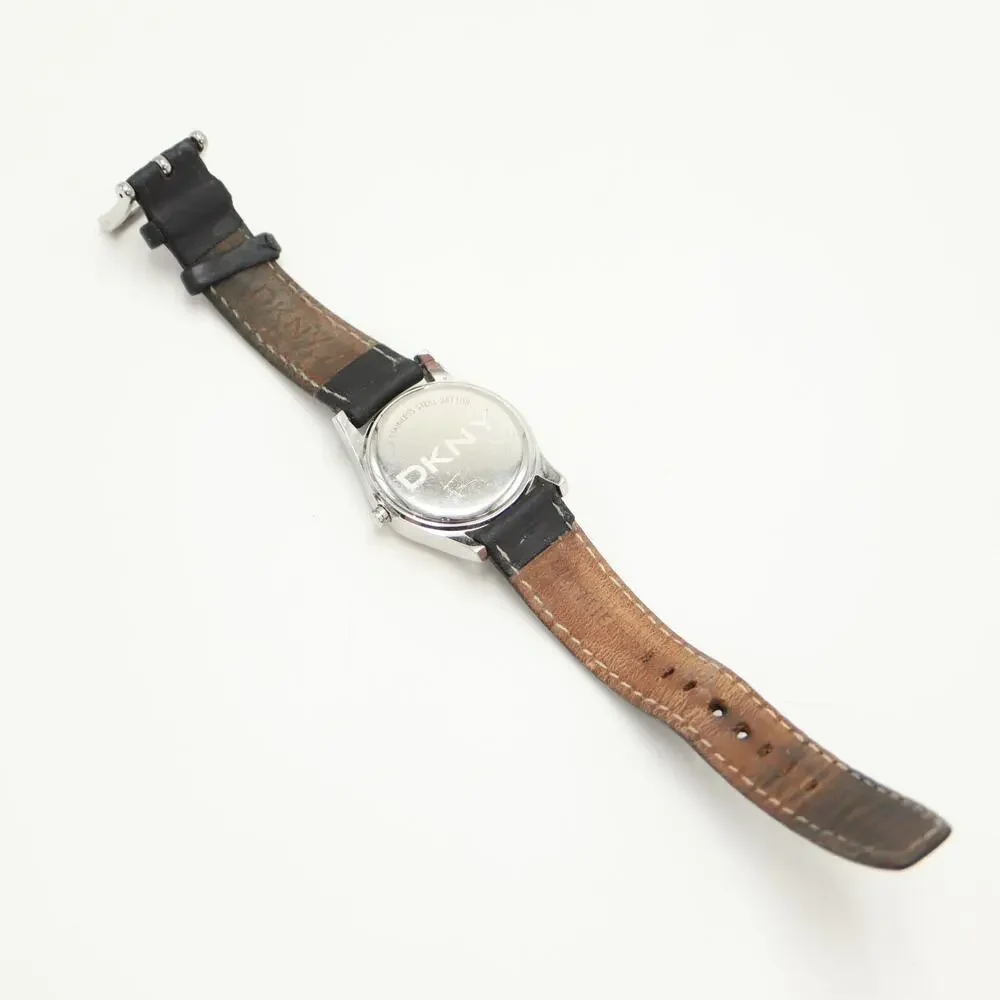 DKNY Womens Silver Tone MOP 32mm Watch Jewel Bezel Black Leather w New Battery